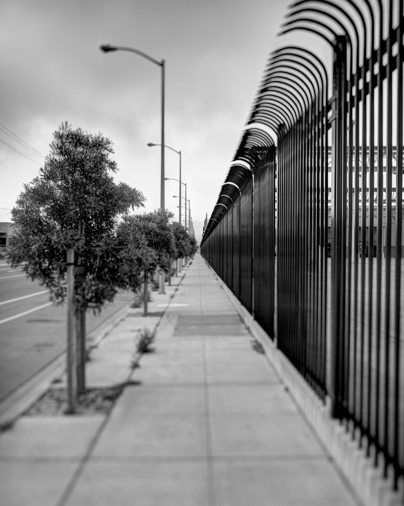 Fence receding into distance with trees and streetlights