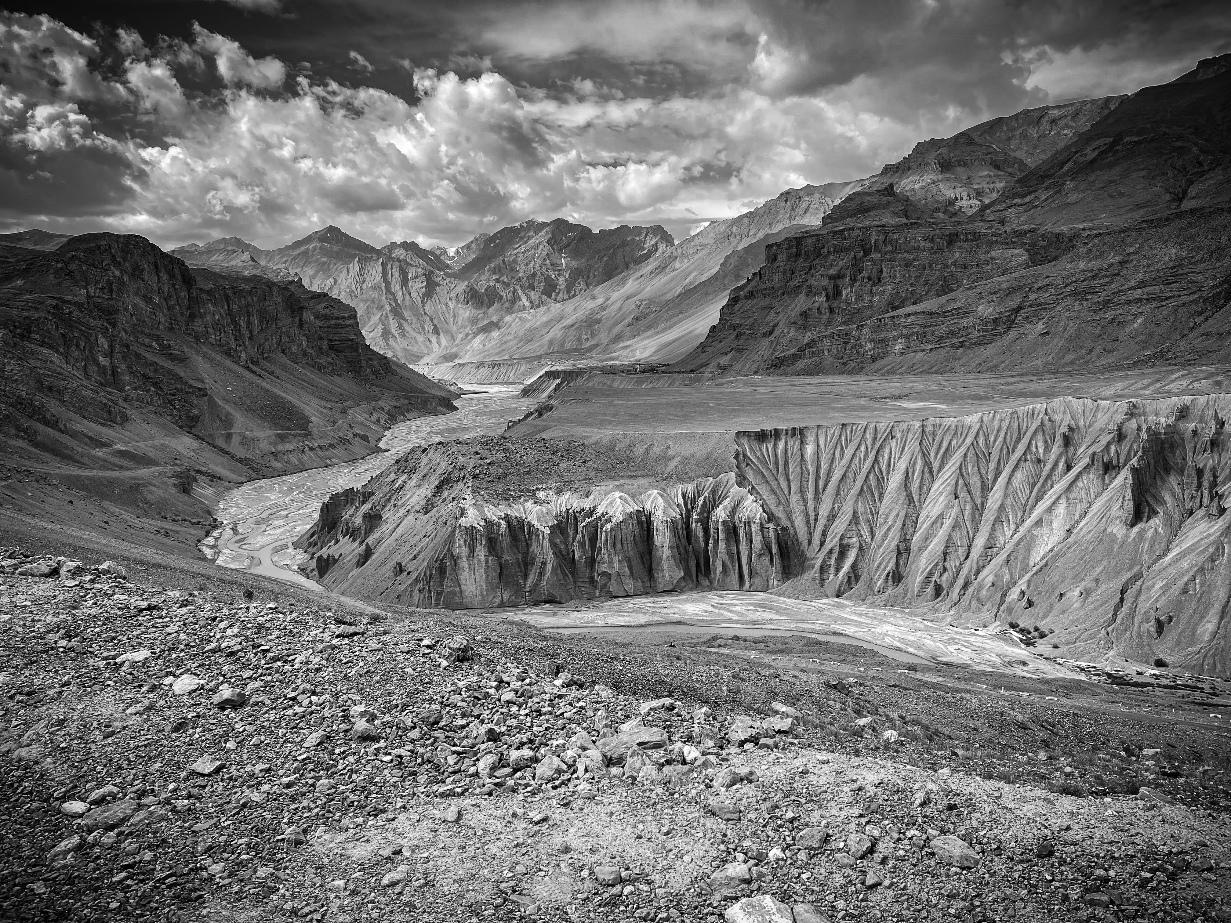 Wide Himalayan valley with river and dramatic cloud formations