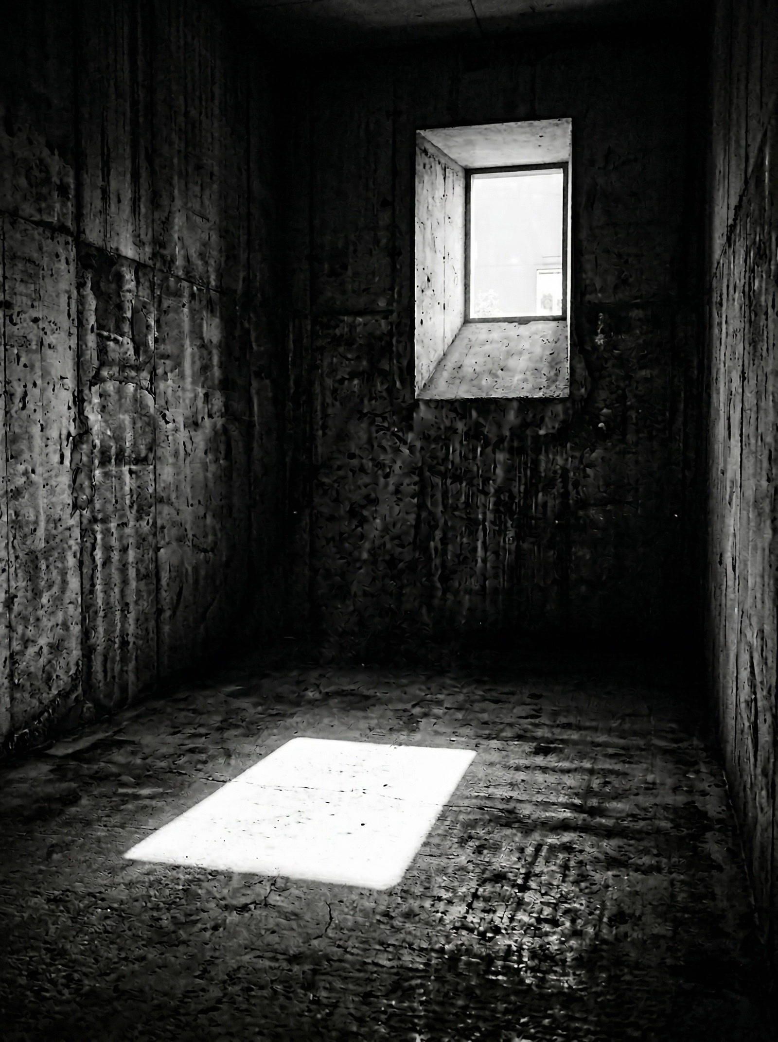 Light streaming through window in dark concrete room