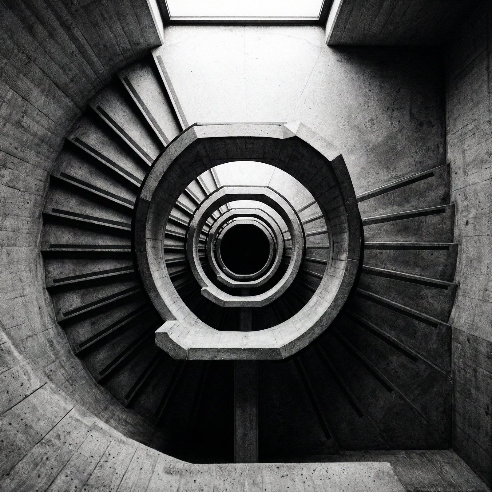 Brutalist concrete spiral staircase viewed from above